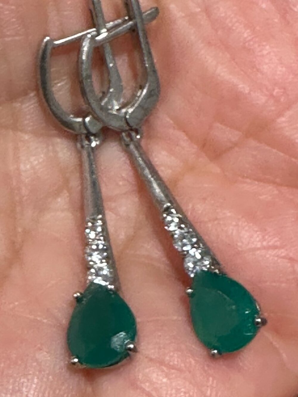 Vintage Russian 925 Sterling Silver Green Teardrop CZ Lever- back Drop Earrings